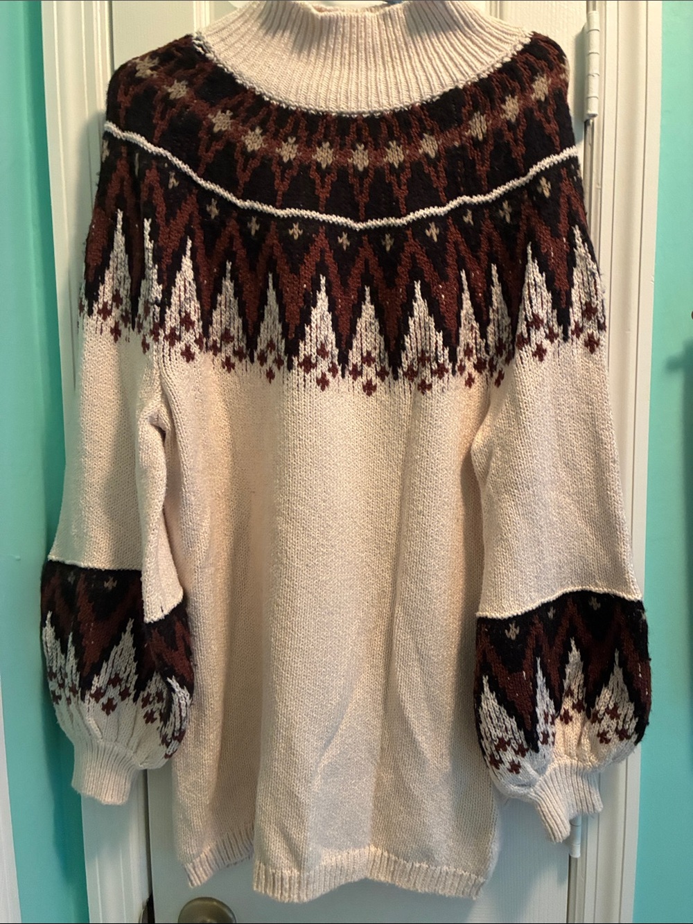 Free People Cream Turtleneck Sweater Dress with Brown & Black Fair Isle Yoke